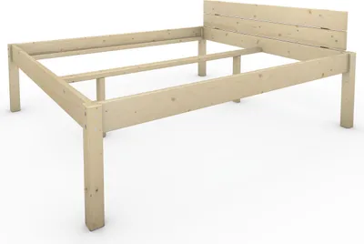 A wooden bed frame with a headboard, shown from a diagonal angle against a white background.