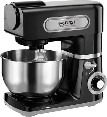 Produktbild von TZS First Austria Küchenmaschine 1500W, 6 L Edelstahl-Rührschüssel, Rührmaschine, Knetmaschine - Teigknetmaschine mit 6 Geschwindigkeiten, Quirl, Knethaken und Schneebesen Schwarz