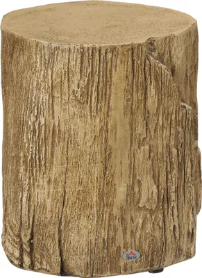A close-up, studio shot of a faux tree stump side table.