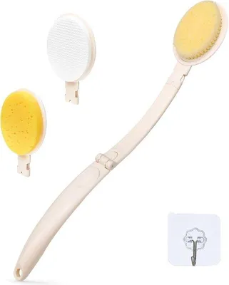 Produktbild von Famanu Duschsponsborstelset mit langem Handgriff 48,3 cm - 3-in-1 Körperbürste, Badeschwamm und Lotionapplikator