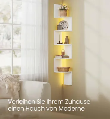 Zdjęcie produktu dla Półka narożna z oświetleniem LED – półka ścienna – oszczędna pod względem miejsca – 20 x 20 x 126 cm – biała