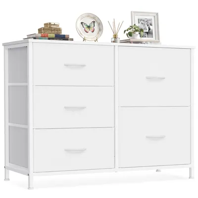 Obrázek produktu pro SONGMICS Komoda s 5 zásuvkami, komoda se zásuvkami s kovovou konstrukcí, rozměry 98,7 x 30 x 74,7 cm, bílá barva