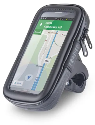 A black smartphone holder for a bicycle handlebar, with a smartphone displaying a navigation app inside.