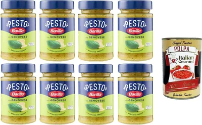 Produktbild von Barilla Pesto alla Genovese con Basilico Fresco Condimento e Sugo per Pasta Genueser Pesto mit frischem Basilikumgewürz und Pastasauce 8x190gr + Italian Gourmet polpa 400g