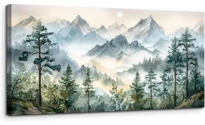 Image de Tableau sur toile, paysage de montagne verdoyant, aquarelle, 50x100 cm, décoration murale pour salon, style moderne