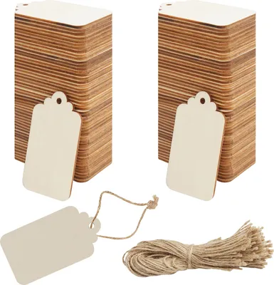 Produktbild von Belle Vous DIY Holz Etiketten Anhänger zum Basteln Natur Blanko (100 Stk) 3,7 x 6,8cm Holzplättchen Rechteckig Rustikale Holz Anhänger mit Schnur als