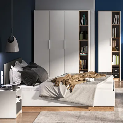 Produktbild von Jugendzimmer Set 4-teilig TIMARU-131 mit Bett 120x200cm inkl. aufklappbarem Lattenrost in weiß mit Eiche und graphit