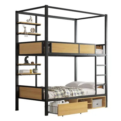 Produktbild von Etagenbett mit 2 Liegeflächen und Lattenrost, 90x200 cm, Kinderbett mit Regal, Schublade und Rausfallschutz, Metallbett