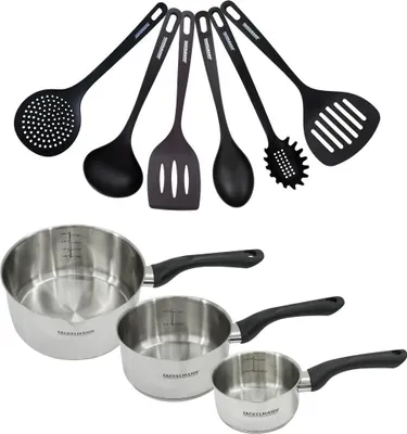 Image de Set 3 casseroles 12 16 et 20 cm en inox et 6 ustensiles Fackelmann Geneva