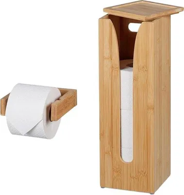 Produktbild von Famanu Toilettenpapierhalter Set aus Bambus für 4 Rollen - Wandhalterung und Vorratsständer
