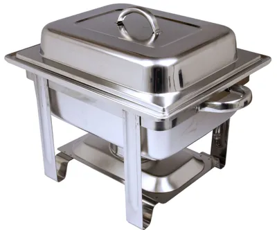 A stainless steel chafing dish on a white background.