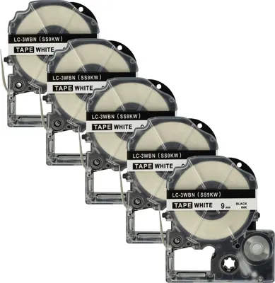 Produktbild von vhbw 5x Schriftband-Kassette kompatibel mit KingJim SR530, SR550, SR530C, SR3900P, SR6700D, SR40, SR750 Etiketten-Drucker 8m x 9mm Schwarz auf Weiß