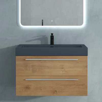 Produktbild von Mai & Mai Badmöbelset Komplett Set Waschbeckenunterschrank 90cm Unterschrank in Kerneiche mit Waschschbecken aus Mineralguss Quadratto