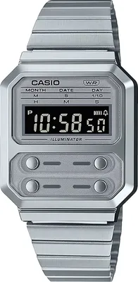 A digital watch on a metallic band.