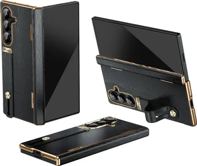 Obrázek produktu pro kožené pouzdro na Samsung Galaxy Z Fold 7 s poutkem na ruku, stojánkem a ochranou pantu černé