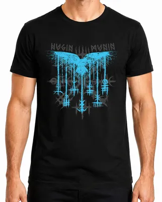 Imagen del producto de Camiseta negra, talla M, con el diseño "Hugin y Munin, Odín, mitología vikinga, nórdico, cuervos, runas, señores"