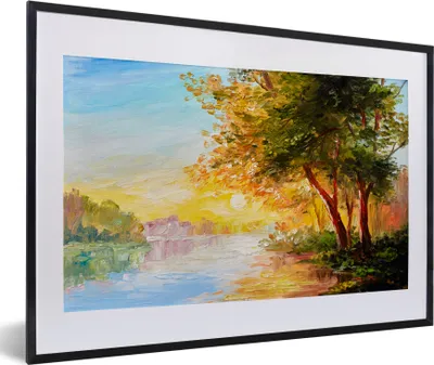 Produktbild von MuchoWow® Gerahmtes Poster Natur - Malerei - Baum - Wasser 60x40 cm - Poster mit Schwarzem Bilderrahmen Wandposter Rahmen Foto Bilder - Schlafzimmer - Plakat in Rahmen - Drucken
