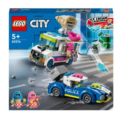 LEGO City toy set packaging showing an ice cream truck and a police car in a chase scene.