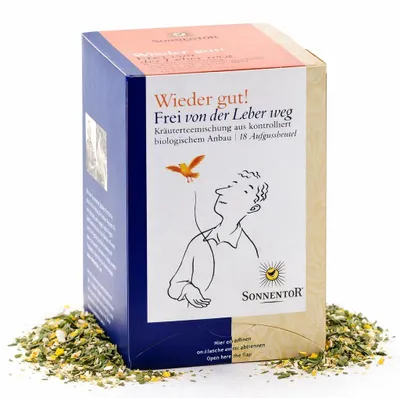 Produktbild von Sonnentor Frei von der Leber weg Tee Wieder gut! , Kräutertee, 27 g, Kümmel, Löwenzahn, Fenchel, Citronella, 1,5 g, Krauseminze Löwenzahnblätter Schafgarbe Fenchel Zitronengras Kümmel ..., 18 Stück(e)