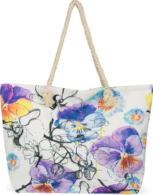 Produktbild von styleBREAKER Große Strandtasche mit buntem Veilchen Blüten Print | Damen Shopper mit Reißverschluss und Kordelhenkel | XXL Badetasche 57 x 39 x 16 cm