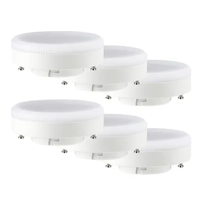 A group of six white LED light bulbs arranged in a staggered pattern against a white background.