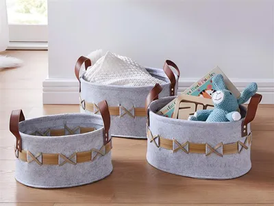 Produktbild von 3x Aufbewahrungskorb "Grey" aus Filz, grau, oval, Dekokorb, Ordnungskorb, Filzkorb, Badkorb