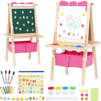 Image de Tableau double face pour enfants, réglable en hauteur, avec rouleau de papier, tableau noir, tableau blanc, ensemble de crayons et sac de rangement. Tableau de dessin pour enfants à partir de 4 ans