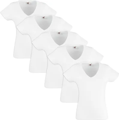 Produktbild von Fruit of the Loom Damen Valueweight T-Shirt 5 Stk V-Ausschnitt Weiß M