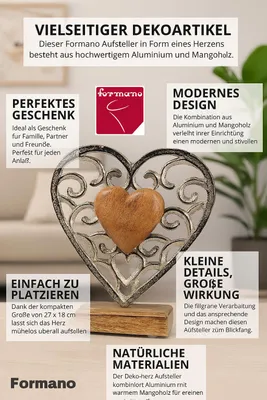 Produktbild von formano Deko Herz Aluminium Mangoholz Sockel 20 x 18 cm Dekoaufsteller Tischdeko