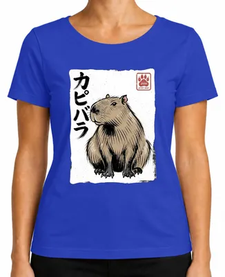 Imagen del producto de Camiseta para mujer con estampado de capibara (en japonés: カピバラ), también conocida como "Wasserschwein" (cerdo de agua), estilo japonés, diseño Y2K, tipo Ukiyo-e. Color: azul. Talla: L