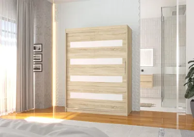 Obrázek produktu pro Šatní skříň s posuvnými dveřmi 150 cm DAKTIS - dub sonoma / bílá
