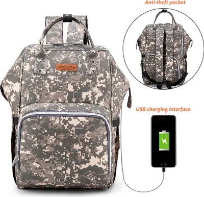Produktbild von Mama Reiserucksack Große Windel Wickeltasche Baby Stillbeutel mit USB-Anschluss,(Tarnung)