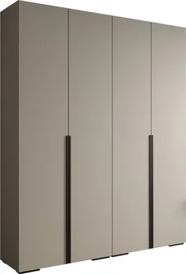 A modern, minimalist wardrobe with four doors and black handles.