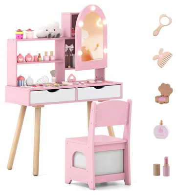 Image de Table de maquillage pour enfants FANTASK, table de coiffure princesse avec armoire miroir LED