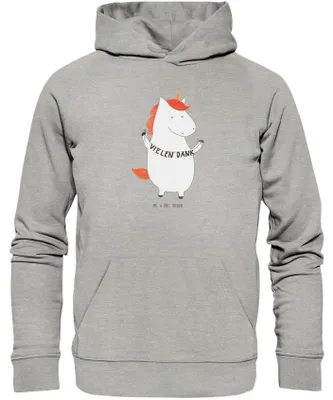 Produktbild von Mr. & Mrs. Panda Organic Hoodie Einhorn Dankeschön Größe S - Heather Grey - Geschenk, Sweatshirt, Pullover, Pulli, Unicorn, Kapuzenpulli, Einhörner, Danke, Vielen Dank