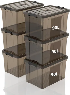 Obrázek produktu pro Úložné boxy, úložné krabice, přenosné plastové boxy s rukojetí, stohovatelné úložné boxy pro ložnici, kancelář, školu, průhledné, černé, objem 90 litrů