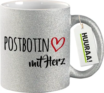 Produktbild von Huuraa Glitzertasse Postbotin mit Herz 330ml Silber Keramik Kaffeebecher Geschenkidee