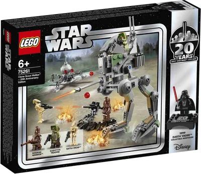 Produktbild von LEGO Star Wars 75261 Clone Scout Walker – Set zum 20. Jubiläum mit Darth Vader Bonus-Minifigur auf Präsentationsplatte, Neuauflage des 7250 Sets, 250 Teile, 3 Minifiguren (inkl. neu gestaltetem Kampfdroiden-Kopf). Maße: AT-RT 14 cm hoch, 14 cm lang, 8 cm breit; Spinnendroide 8 cm hoch, 7 cm lang, 7 cm breit.