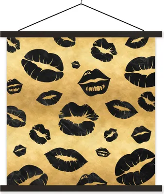 Produktbild von MuchoWow® Textilposter Muster - Kuss - Gold - Schwarz 60x60 cm mit schwarzem Rahmen - Posteraufhänger
