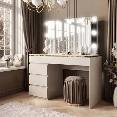 A well-lit vanity table with a mirror and lights, set in a room with a window and curtains.