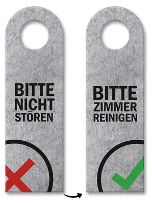 Two double-sided door hangers, one for 'Do Not Disturb' and the other for 'Please Clean Room'.