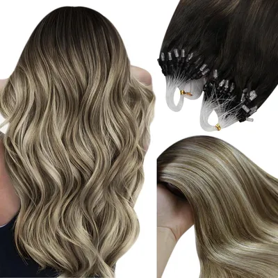 Obrázek produktu pro Microringové prodlužovací vlasy, přírodní vlasy, balayage, barva: hnědá, světle blond, délka: 55 cm, hmotnost: 50 g