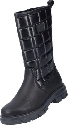 A black quilted boot with a leather lower section and a thick sole, shown against a white background.