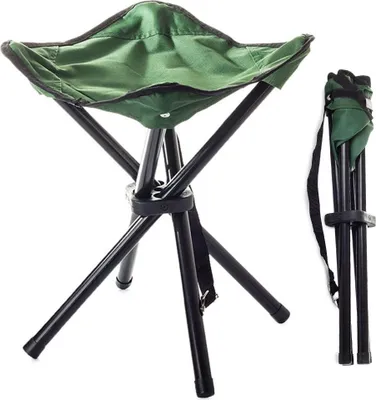 A green and black folding stool is shown against a white background. A second, folded stool with a strap is visible to the right.