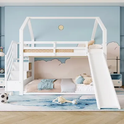 Produktbild von Flieks Etagenbett 140x200cm mit Rutsche, Kinderbett Hausbett mit Treppe, Hochbett mit Rausfallschutz und Lattenrost, Doppelbett Kinder, Weiß