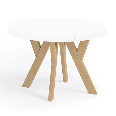 Produktbild von Runder Ausziehbarer Tisch für Esszimmer, PERO, Loft-Stil, Skandinavische, Durchmesser: 120 / 220 cm, Farbe: Weiß / Buche Natur
