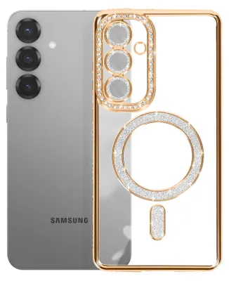 A silver Samsung phone with a gold and diamond-encrusted phone case.