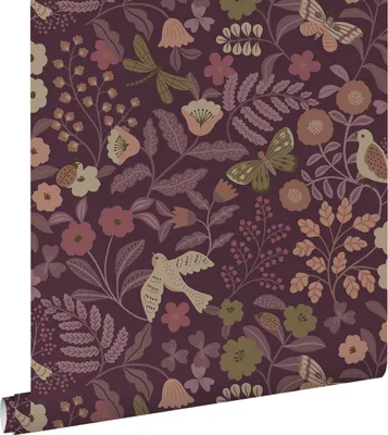 Produktbild von ESTAhome Tapete Blumen und Vögel Aubergineviolett 50 x 900 cm