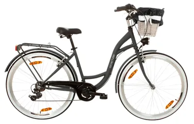 Obrázok produktu pre Goetze Mood 28" mestský bicykel, nízky rám 18", 7 rýchlostí Shimano Tourney, V-Brake, LED osvetlenie, pohodlné sedlo, ratanový košík