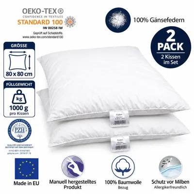 Produktbild von 2er Set Federkissen 80x80 cm 1000 Gramm – Kopfkissen mit 100% Gänsefedern – Baumwollbezug 185 g/m² – Ganzjahreskissen